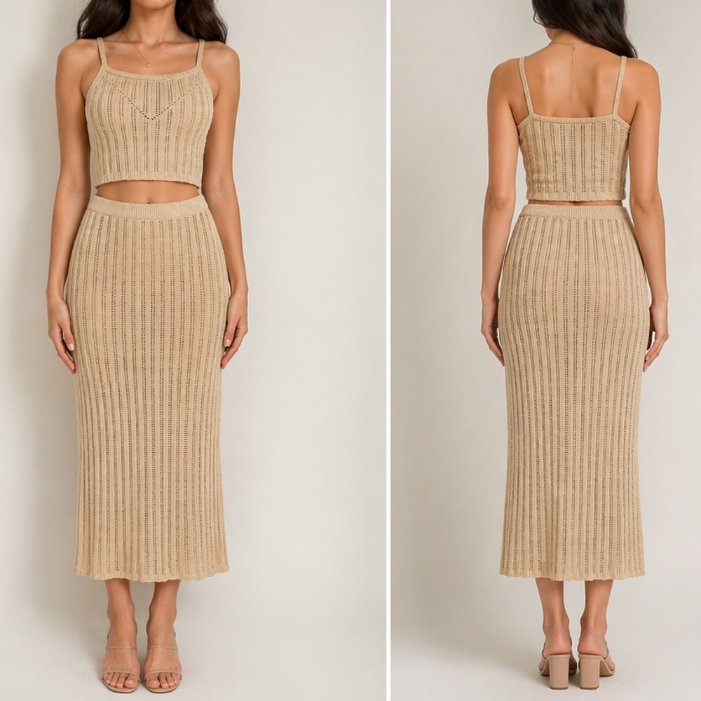 Women’s Open-Knit Cropped Camisole and Skirt Tan Size Medium